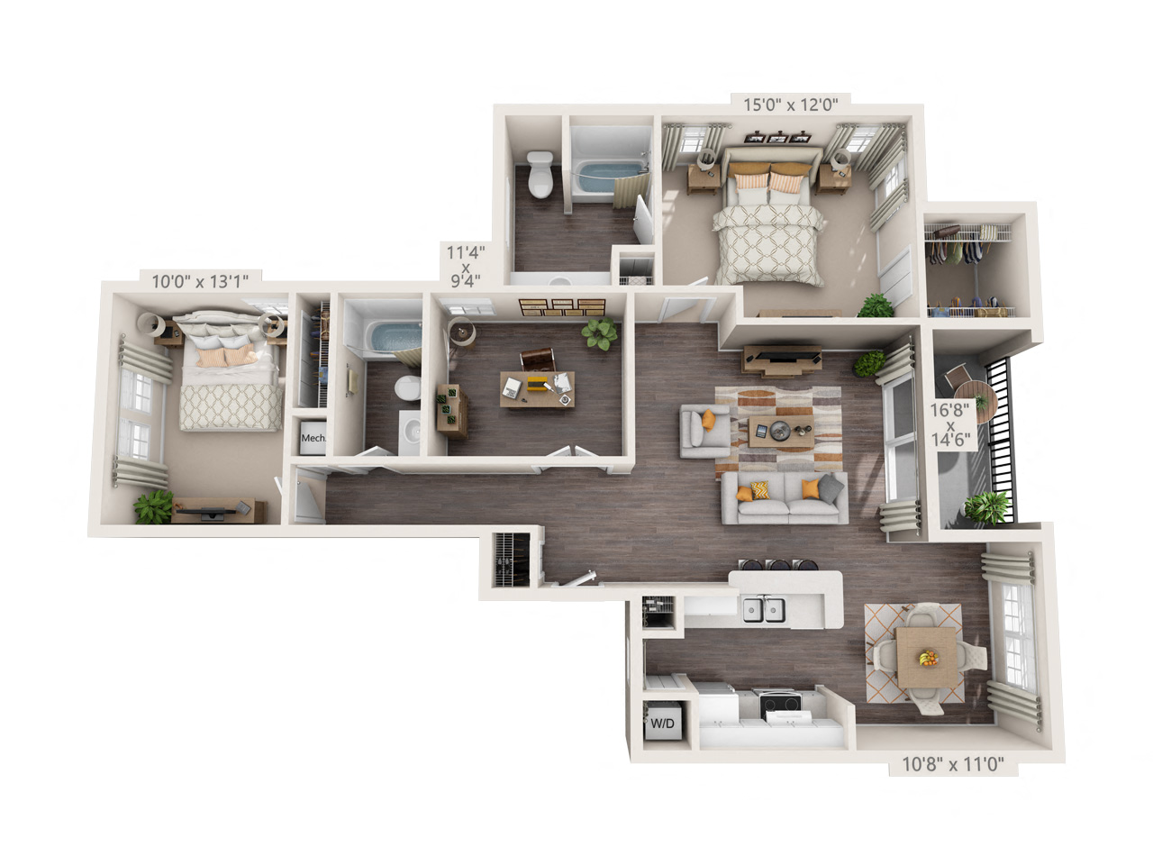 Floor plan for 2 beds, 2 baths, 1299 sqft